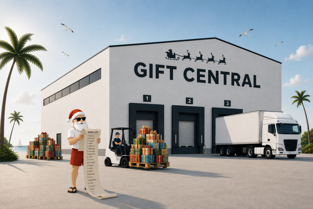 Santa Claus standing in front of a warehouse, wearing summer attire and reading a long list of wishes.